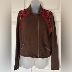 Ecote Jacket Women’s Unique Boho Brown Floral Zip Up Embroidered size Medium